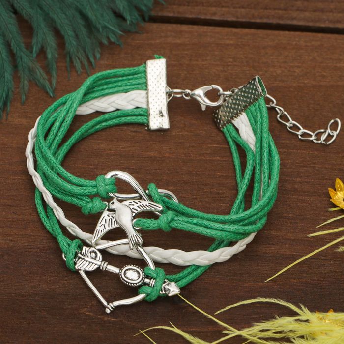 Браслет кожа "Магия знаков" бесконечность, 4 нити, цвет зелёно-белый
