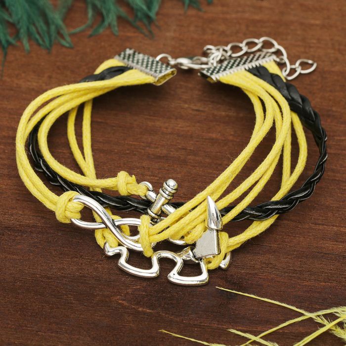 Браслет кожа "Магия знаков" головоломка, 4 нити, цвет чёрно-жёлтый