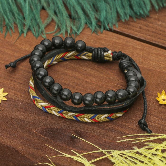 Браслет кожа "Плетение" бусины, 4 нити, цвет чёрно-синий