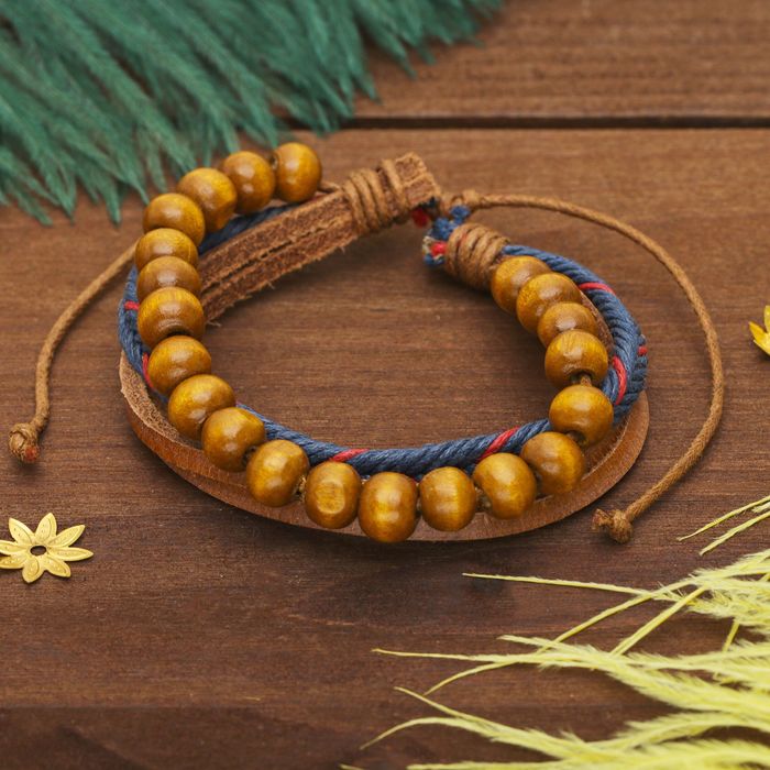 Браслет кожа "Плетение" бусины, 4 нити, цвет коричневый