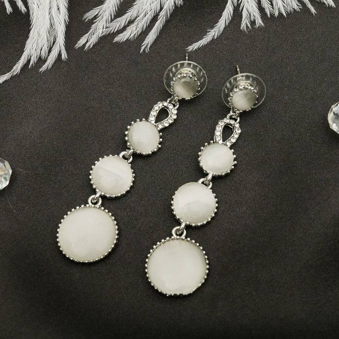 Серьги "Круги" капель, цвет белый в серебре