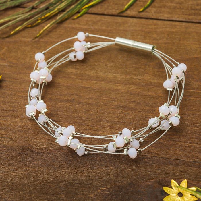 Браслет со стразами "Нити" мерцание, цвет розовый в серебре