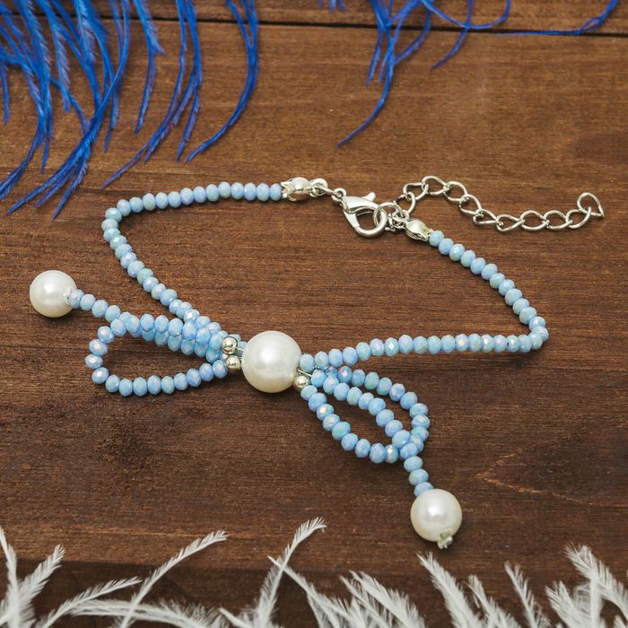 Браслет жемчуг "Бантик" невесомость, цвет бело-голубой в серебре