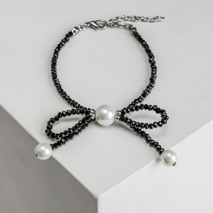 Браслет жемчуг "Бантик" невесомость, цвет бело-чёрный в серебре
