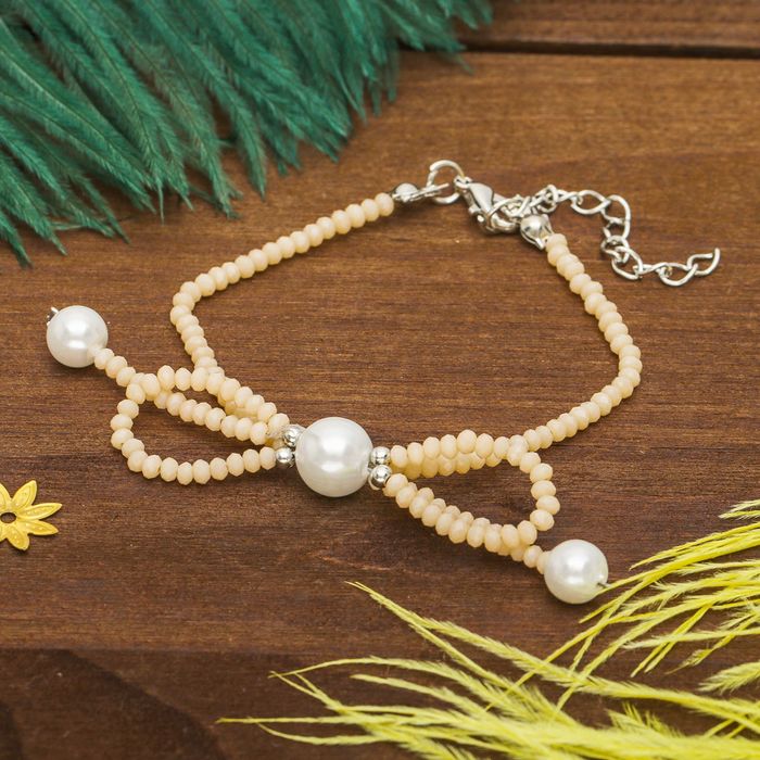 Браслет жемчуг "Бантик" невесомость, цвет бело-персиковый в серебре