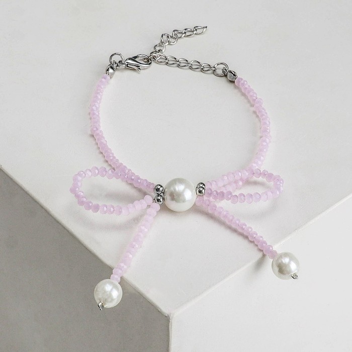 Браслет жемчуг "Бантик" невесомость, цвет, бело-сиреневый в серебре