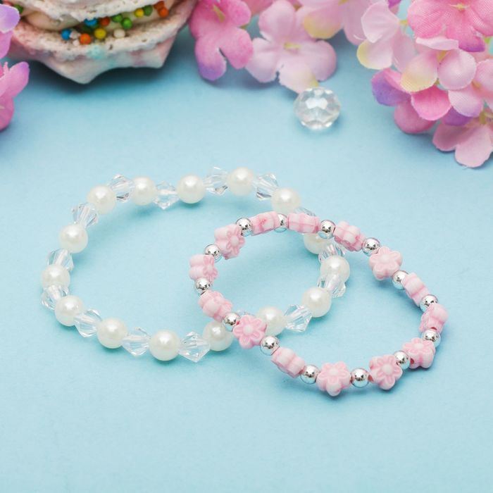 Браслет "Выбражулька", 2 нити, цветы и жемчуг, цвет бело-розовый