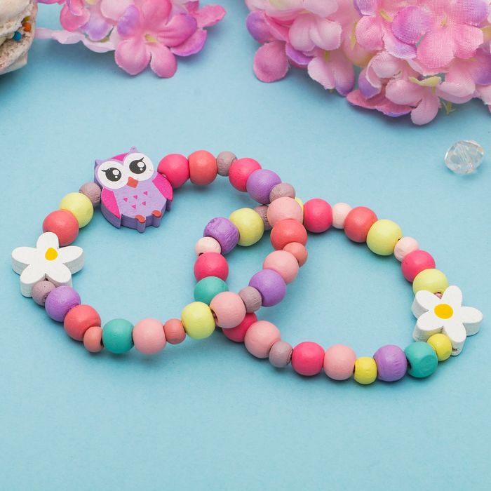 Браслет детский "Выбражулька" 2 нити, совушка с ромашками, цвет микс