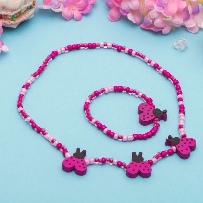 Набор детский "Выбражулька" 2 предмета: бусы, браслет, божьи коровки летящие, цвет малиновый
