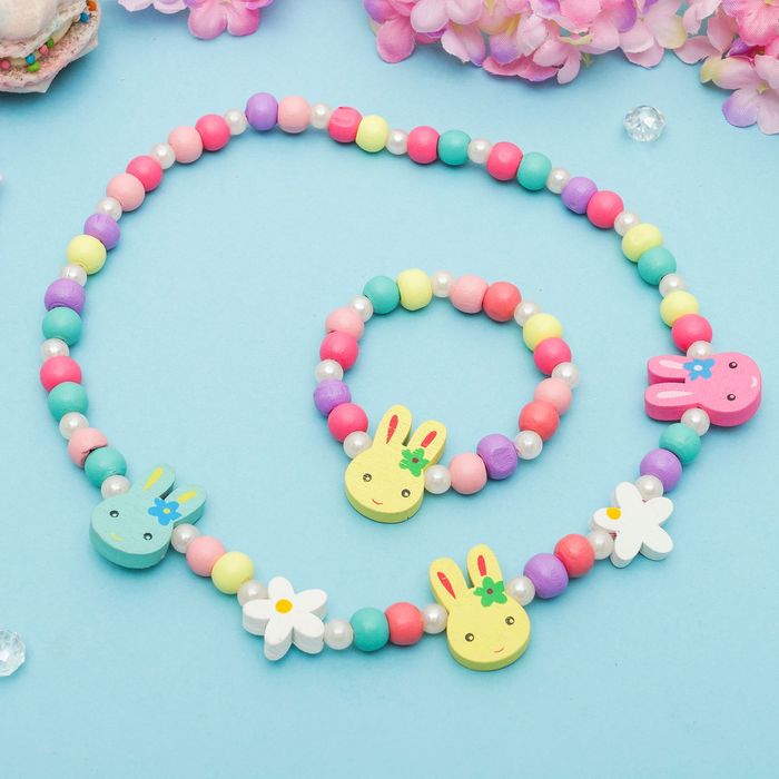 Набор детский "Выбражулька" 2 предмета: бусы, браслет, зайки милые, цвет МИКС