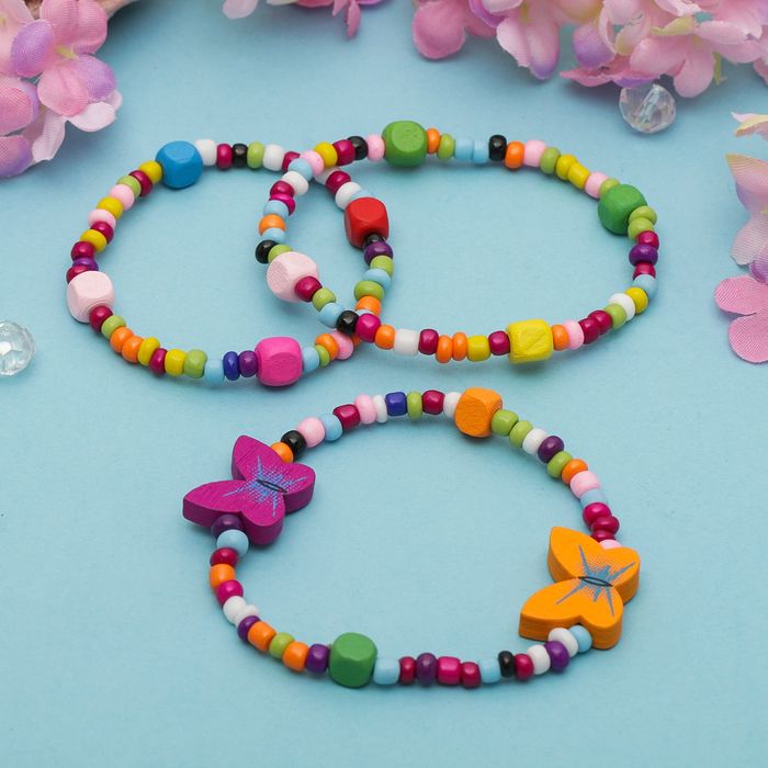 Браслет детский "Выбражулька" 3 нити, бабочки на радуге, цвет микс