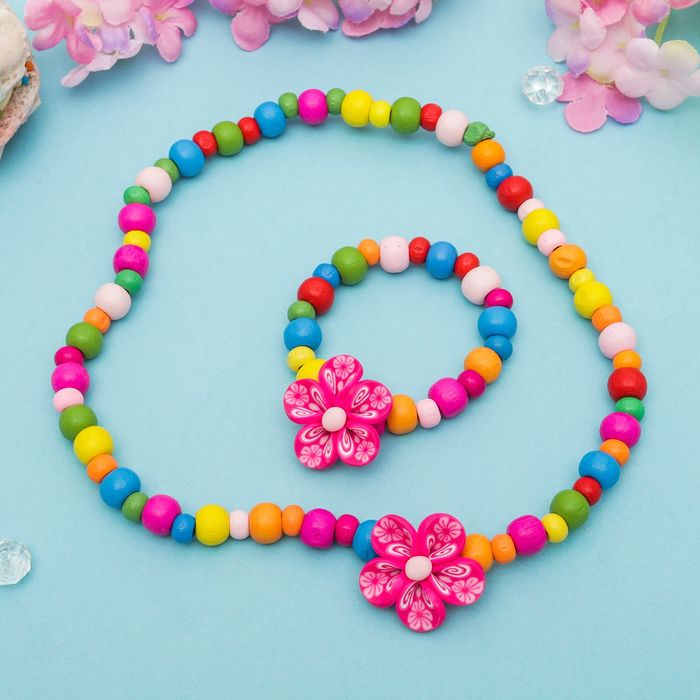 Набор детский "Выбражулька" 2 предмета: бусы, браслет, цветочек нежный, цвет микс