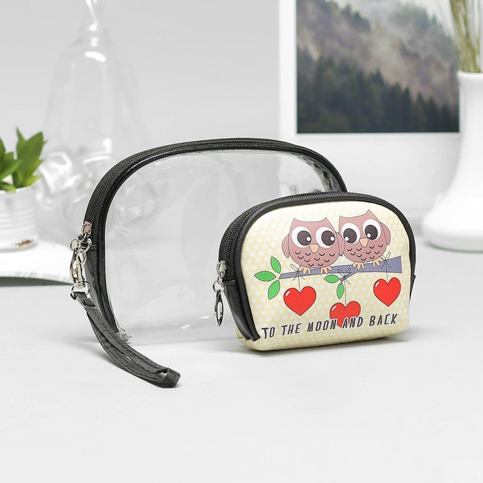 Косметички набор 2 в 1 «Совы», отдел на молнии, с ручкой, цвет чёрный