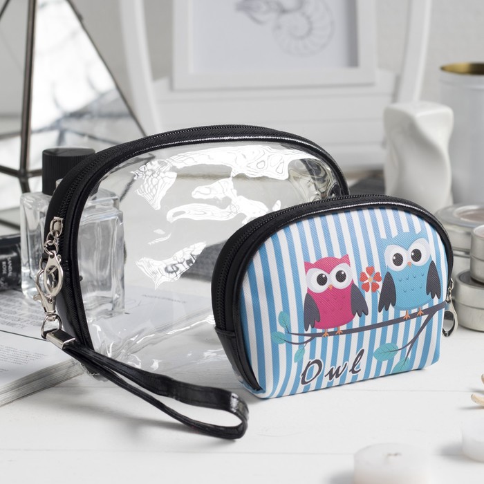 Косметички набор 2 в 1 «Совы», отдел на молнии, с ручкой, цвет голубой