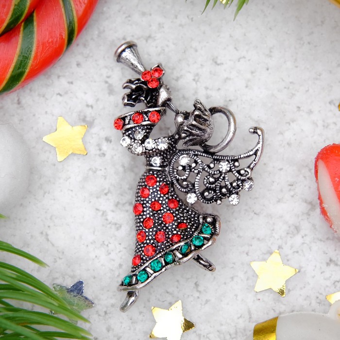 Брошь "Новогодняя сказка" ангел музыкальный, цвет красно-зеленый в чернёном золоте