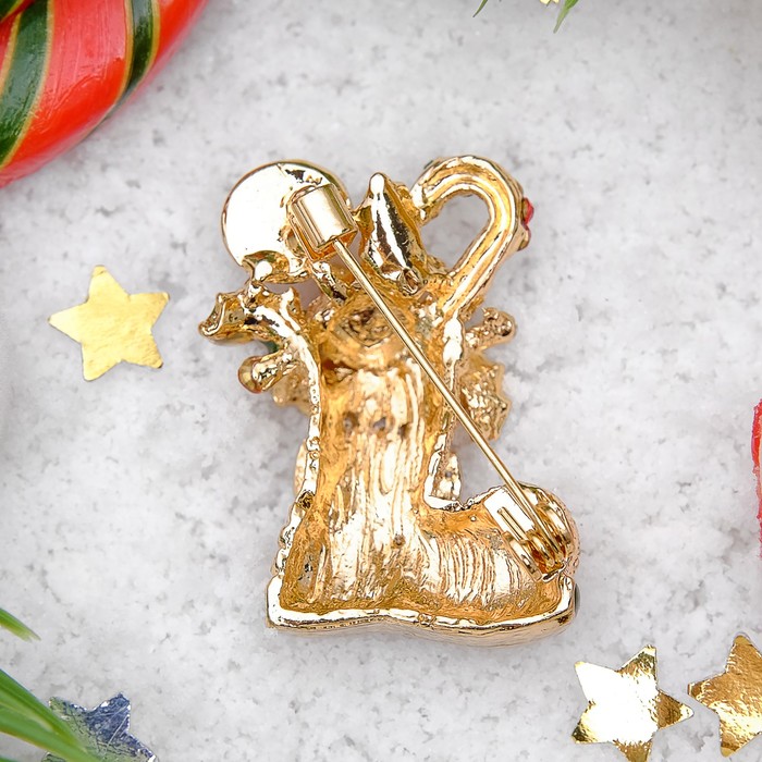 Брошь "Новогодняя сказка" сапожок со сладостями, цвет красно-зеленый в чернёном золоте