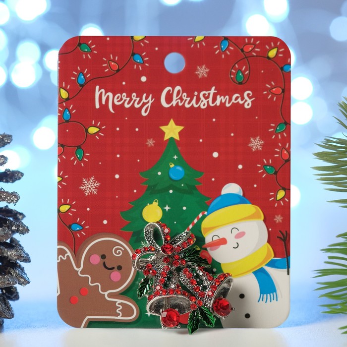 Брошь "Новогодняя сказка" колокольчики рождественские, цвет красно-зеленый в черненом серебре