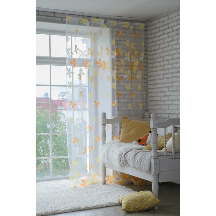 Тюль "Этель" Цветы лета (цвет оранжевый) без утяжелителя, ширина 135 см, высота 270 см