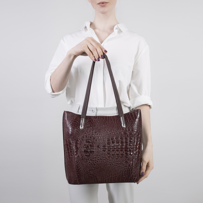 Сумка женская, отдел на молнии, наружный карман, крокодил коричневый