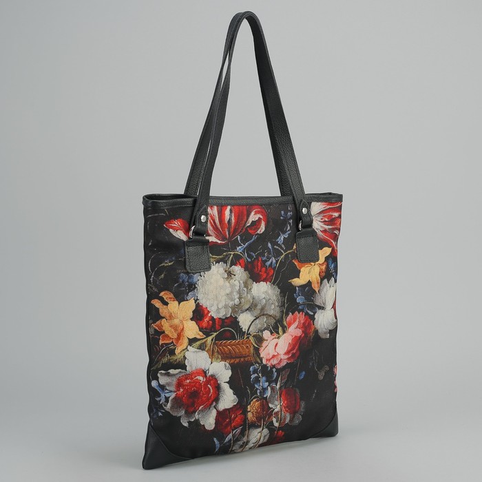 Сумка женская на молнии "Цветы", 2 отдела с перегородкой, наружный карман, цвет чёрный/разноцветный