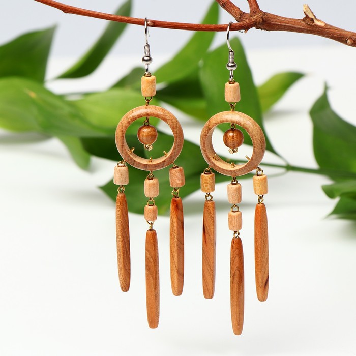 Серьги ручная работа, деревянные "Колечки с янтарём", цвет коричневый