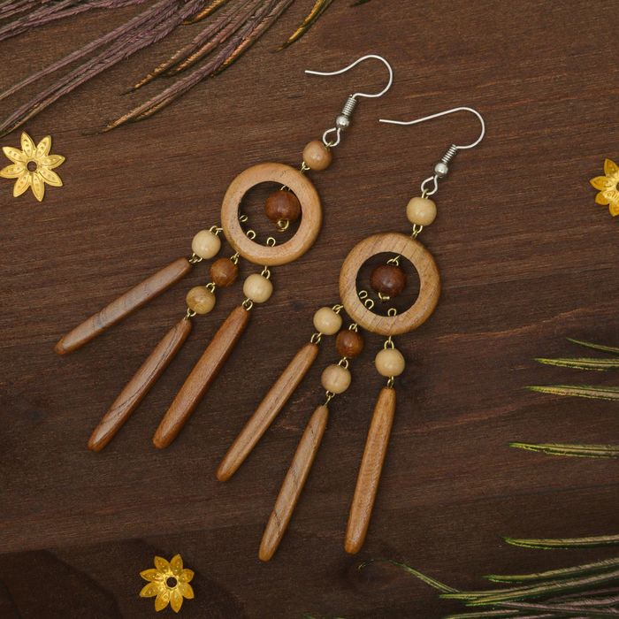 Серьги ручная работа, деревянные "Колечко с палочками", цвет светло-коричневый