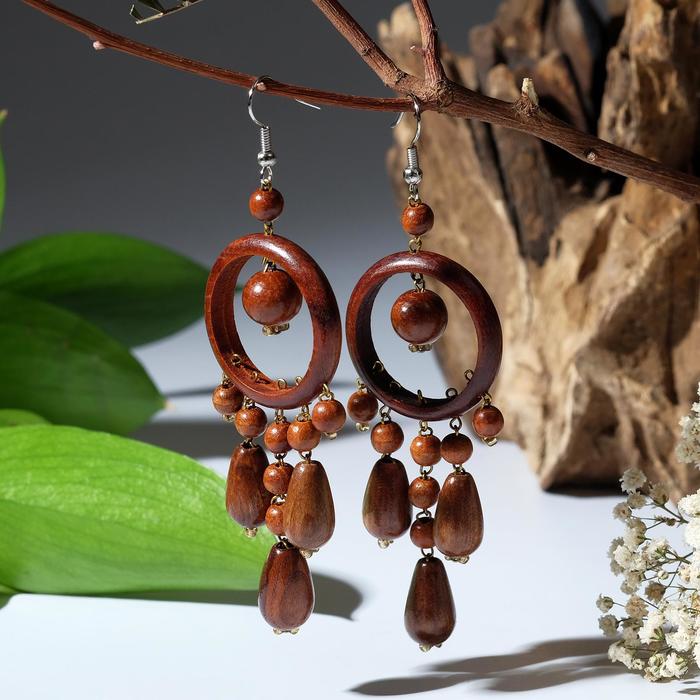 Серьги ручная работа, деревянные "Кольца с капельками", цвет коричневый