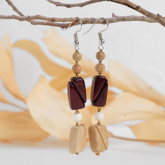 Серьги ручная работа, деревянные "Змейка", цвет коричневый