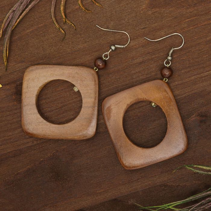 Серьги ручная работа, деревянные "Квадрат с отверстием", цвет тёмно-коричневый
