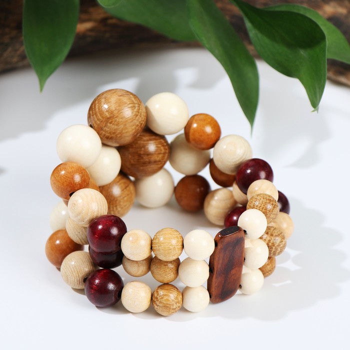 Браслет ручная работа, деревянный "Шарик трехрядка", цветной