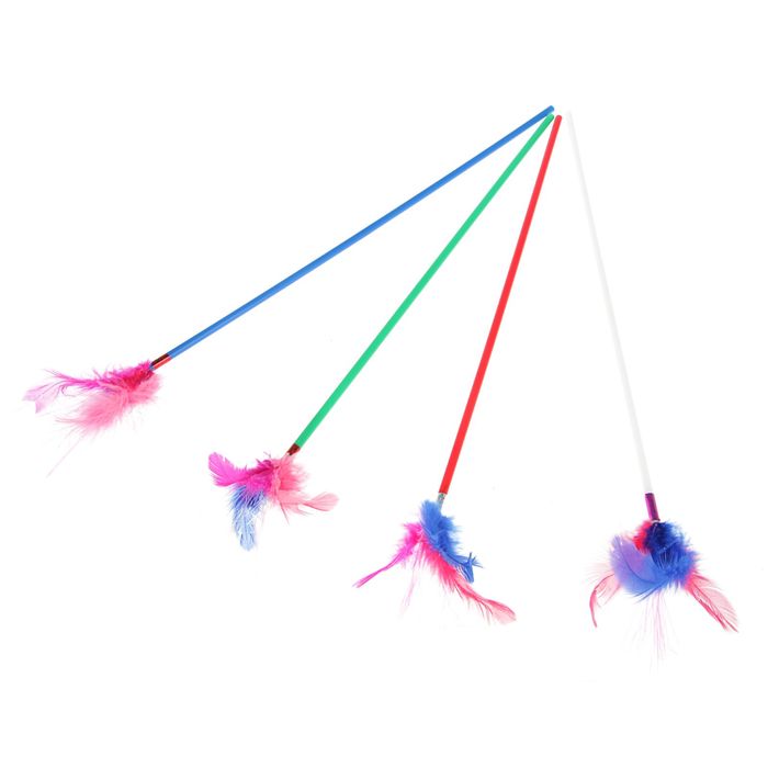 Дразнилка с перьями и блестящей мишурой, ручка 37 см, микс цветов