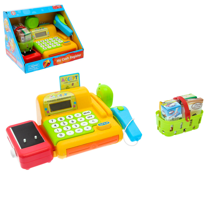 Касса "Играем в магазин", жёлтая, со сканером, корзиной и аксессуарами