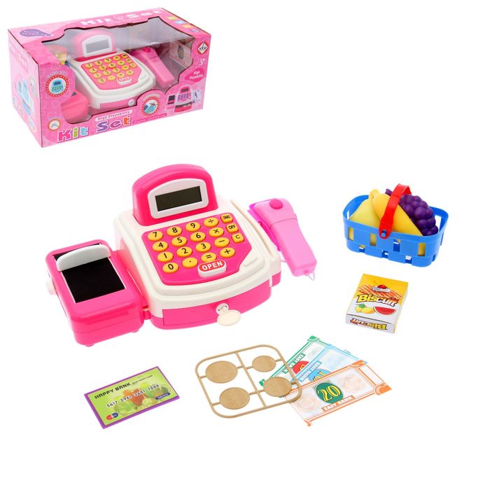 Касса "Играем в магазин", розовая, со сканером, корзиной и аксессуарами