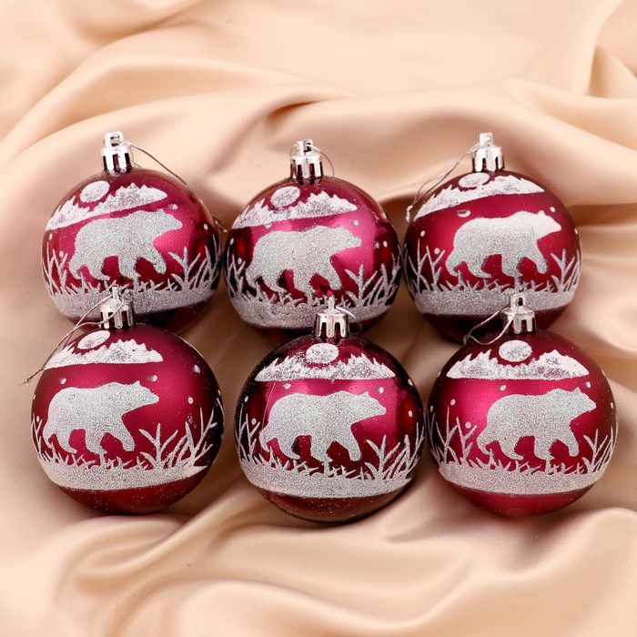 Новогодние шары "Северный мишка" (набор 6 шт.), бордовые