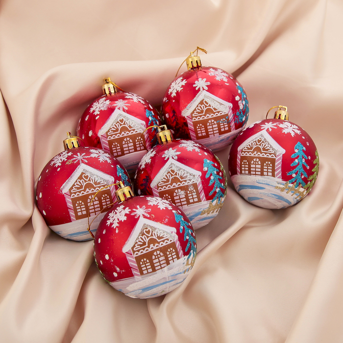 Новогодние шары "Домик" (набор 6 шт.), красные