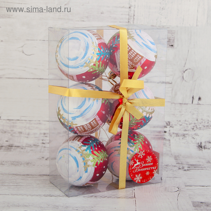 фото Набор шаров пластик d-7 см, 6 шт "домик" красный зимнее волшебство