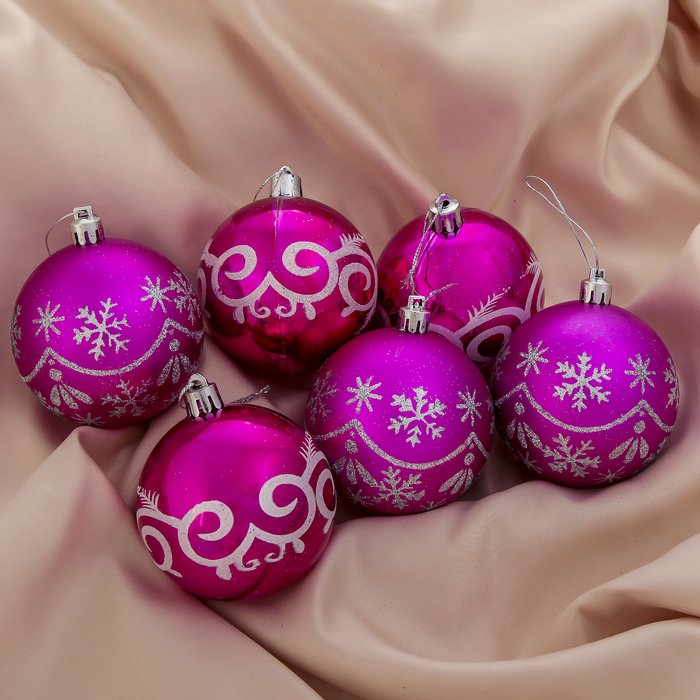 Новогодние шары "Хоровод снежинок" (набор 6 шт.), малиновые