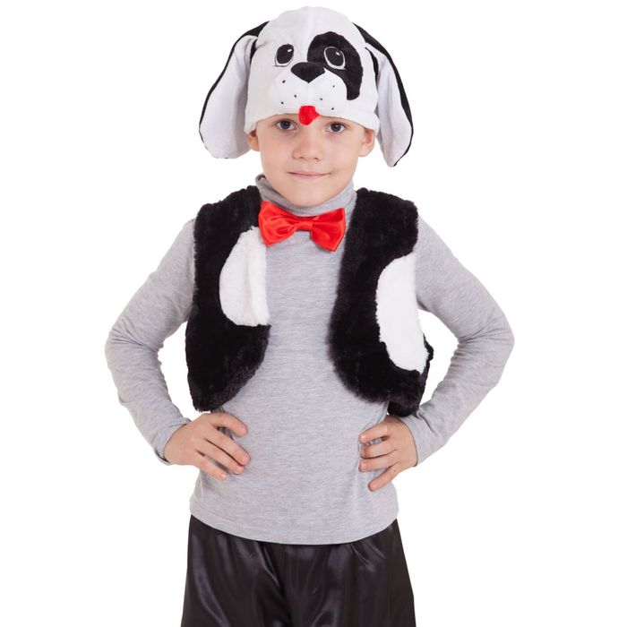 Карнавальный костюм "Щенок-черныш", шапка, жилет, галстук-бабочка, плюш, мех, 3-5 лет, рост 98-110 см