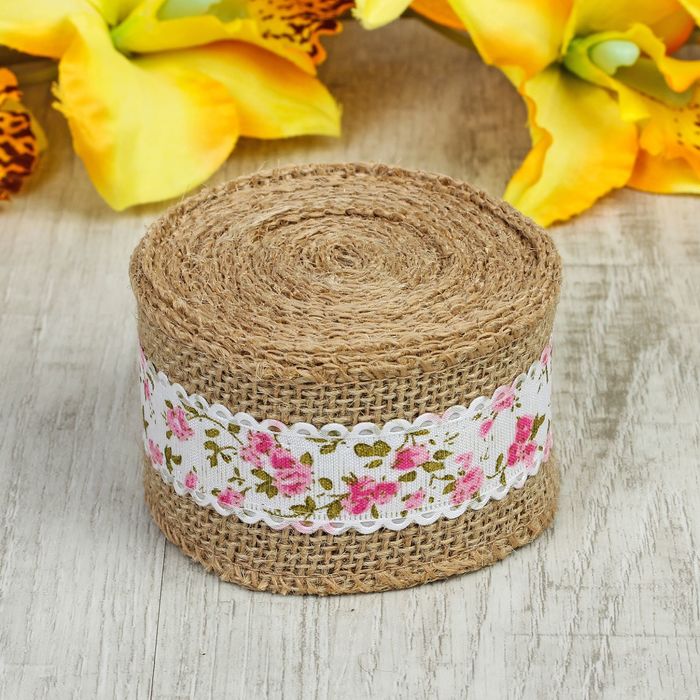 Лента холщовая с репсовой лентой, натуральная, 50мм, 4,5±1м, цвет розовый