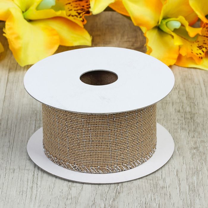 Лента холщовая с серебристой нитью, 50мм, 4,5±1м, цвет бежевый