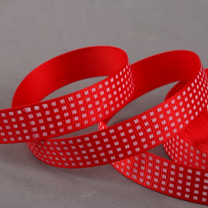 Лента репсовая "Клетка", 15мм, 22±1м, цвет красный