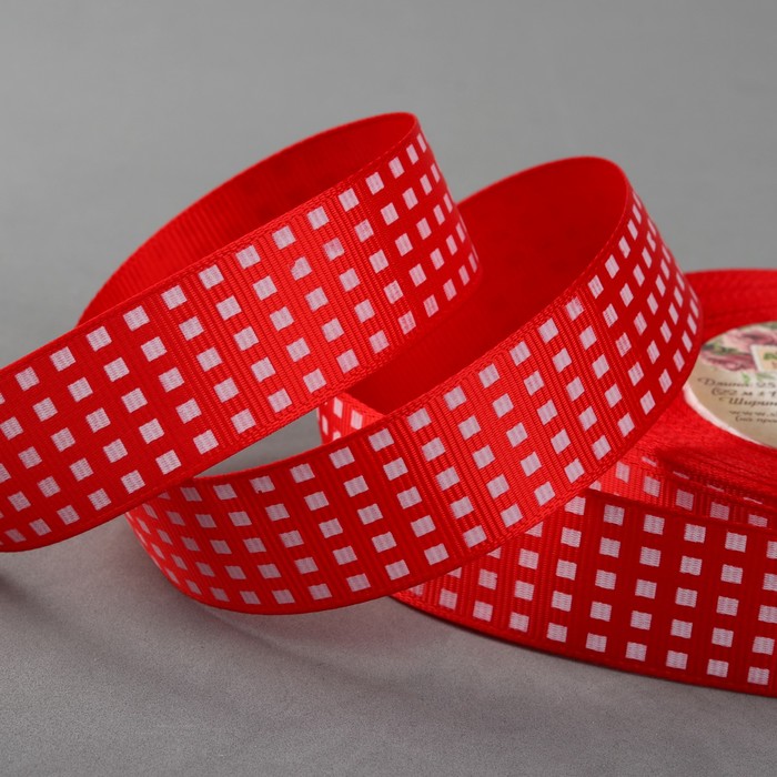 Лента репсовая "Клетка", 25мм, 22±1м, цвет красный