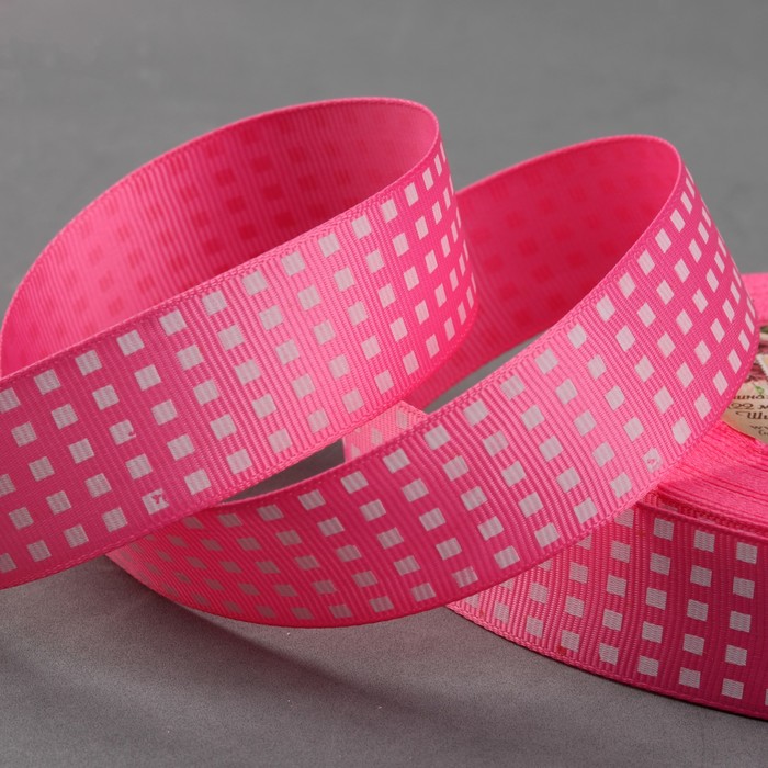 Лента репсовая "Клетка", 25мм, 22±1м, цвет розовый