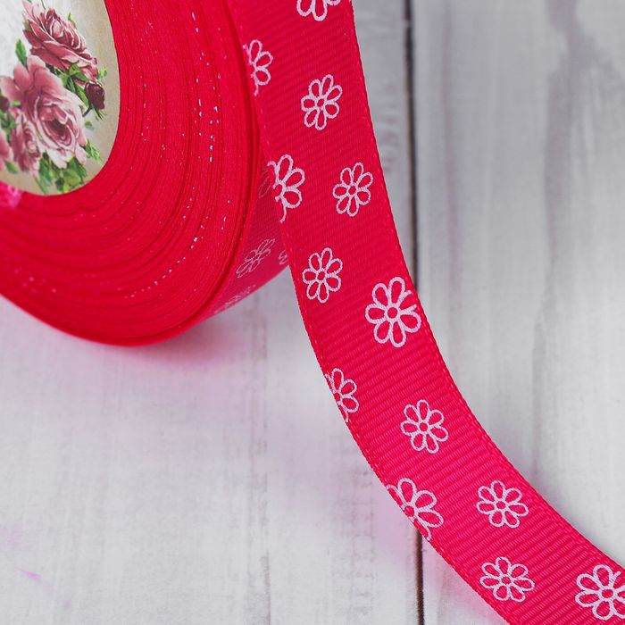 Лента репсовая "Цветочки", 15мм, 22±1м, цвет малиновый