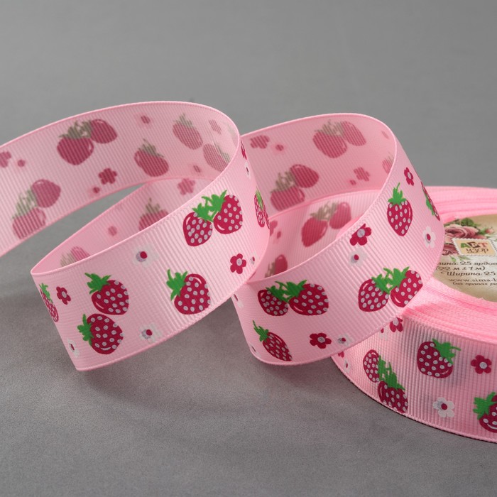 Лента репсовая "Клубника", 25мм, 22±1м, цвет розовый