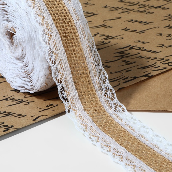 Лента холщовая, "Кружево", натуральная, 37мм, 4,5±1м, цвет белый