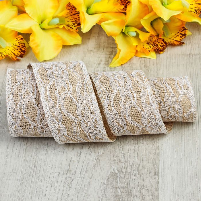 Лента холщовая, "Кружево", натуральная, 60мм, 4,5±1м
