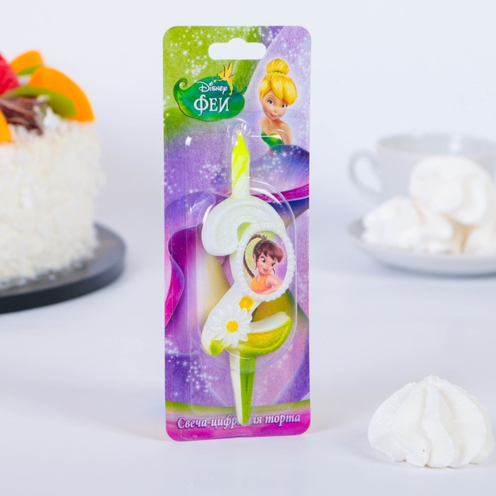 Свеча для торта цифра "Disney. Феи" бело-зелёная "2"