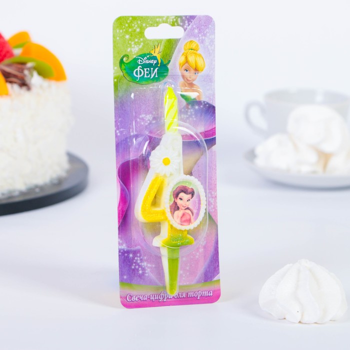 Свеча для торта цифра "Disney. Феи" бело-зелёная "4"