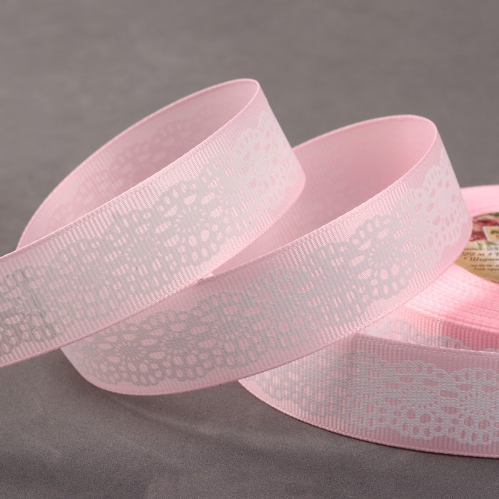 Лента репсовая "Кружева", 25мм, 22±1м, цвет светло-розовый